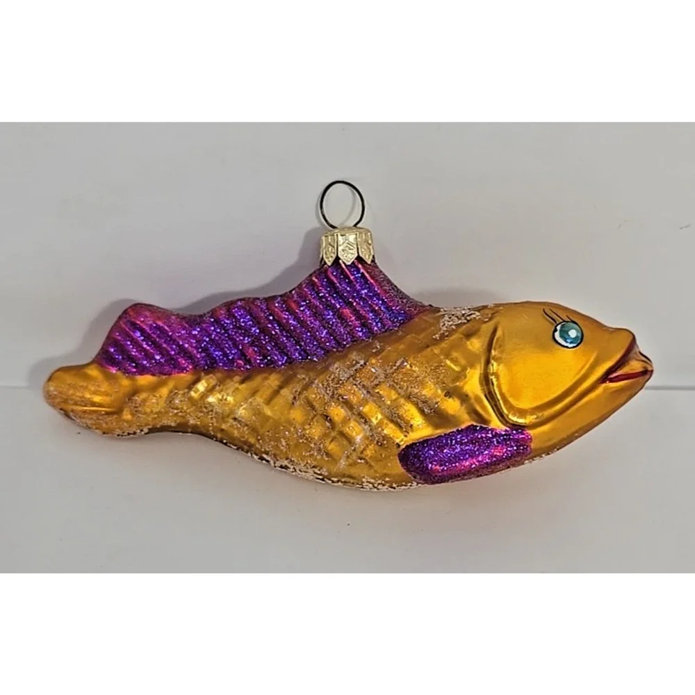 1997‎ Christopher Radko Goldie Fish Gold Purple Glass Christmas Ornament U33AQ